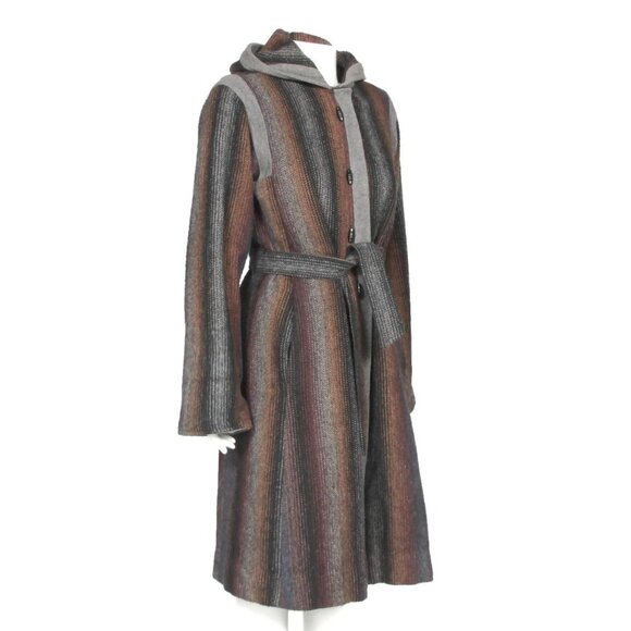 Vintage 1980s Hooded Coat Toggle Ombre Striped Wool Belted Jacket Coat sz M /912 - Picture 4 of 10